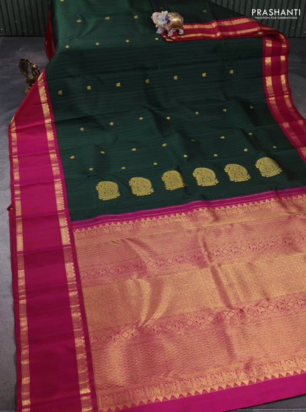 Pure kanchipuram silk saree bottle green and magenta pink with allover checks & zari woven buttas and long rettapet zari woven korvai border