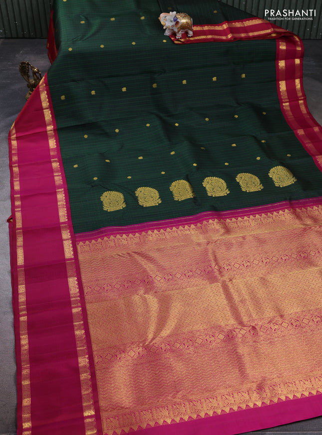 Pure kanchipuram silk saree bottle green and magenta pink with allover checks & zari woven buttas and long rettapet zari woven korvai border