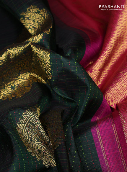 Pure kanchipuram silk saree bottle green and magenta pink with allover checks & zari woven buttas and long rettapet zari woven korvai border