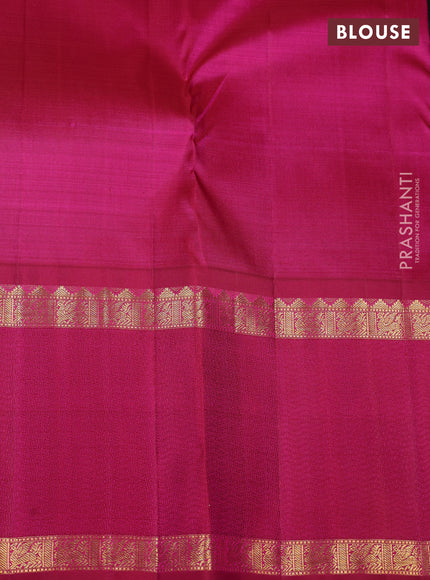 Pure kanchipuram silk saree bottle green and magenta pink with allover checks & zari woven buttas and long rettapet zari woven korvai border