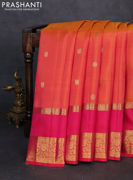 Pure kanchipuram silk saree dual shade of orange and pink with zari woven buttas and long rettapet zari woven border