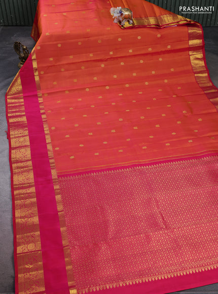 Pure kanchipuram silk saree dual shade of orange and pink with zari woven buttas and long rettapet zari woven border