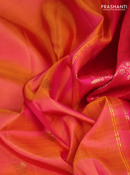 Pure kanchipuram silk saree dual shade of orange and pink with zari woven buttas and long rettapet zari woven border