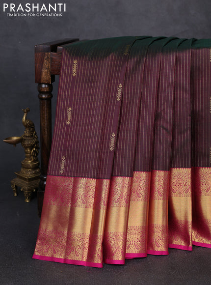 Pure kanchipuram silk saree manthulir green and pink with allover zari stripe pattern & buttas and long rich zari woven border