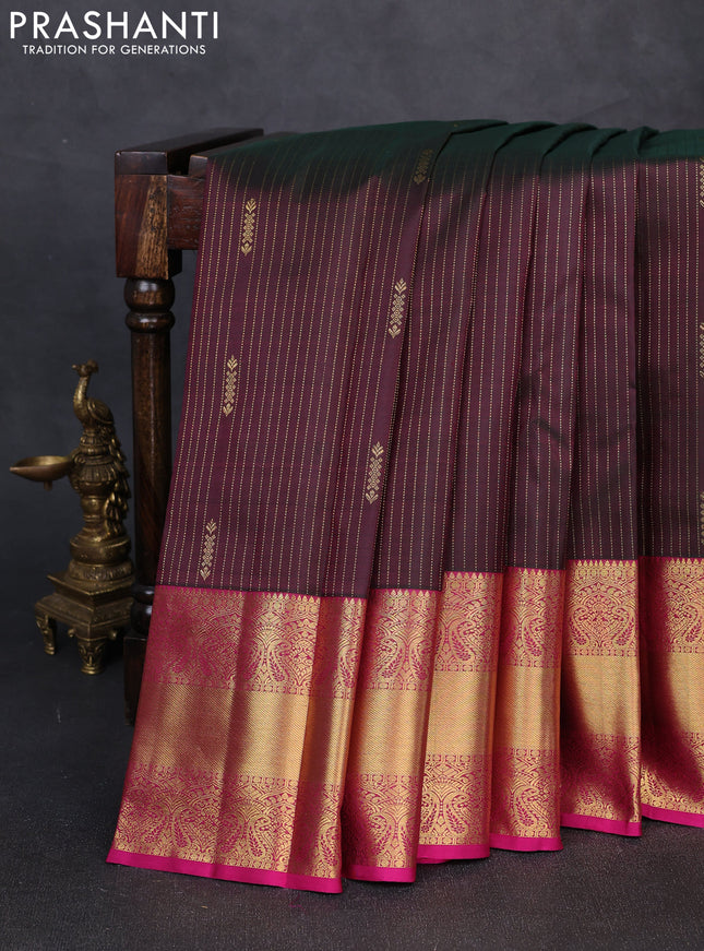 Pure kanchipuram silk saree manthulir green and pink with allover zari stripe pattern & buttas and long rich zari woven border