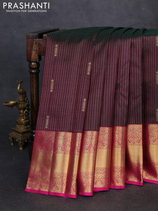 Pure kanchipuram silk saree manthulir green and pink with allover zari stripe pattern & buttas and long rich zari woven border