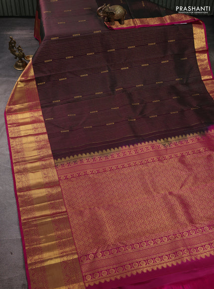 Pure kanchipuram silk saree manthulir green and pink with allover zari stripe pattern & buttas and long rich zari woven border