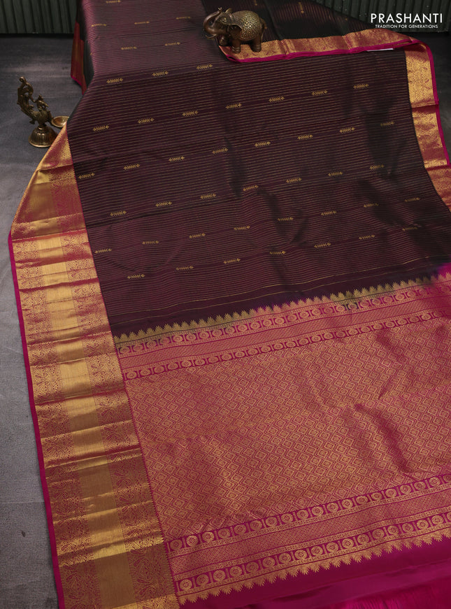 Pure kanchipuram silk saree manthulir green and pink with allover zari stripe pattern & buttas and long rich zari woven border