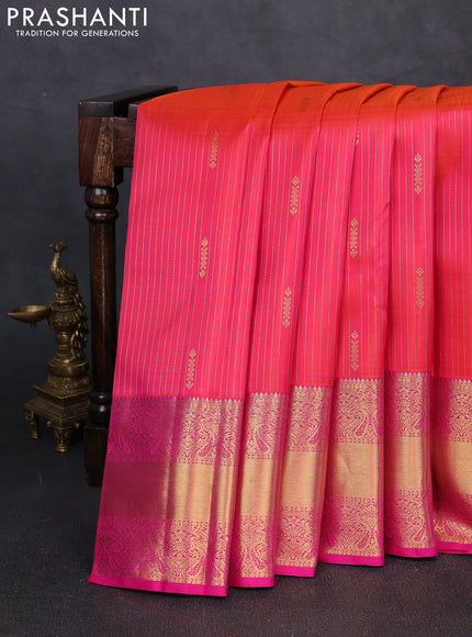 Pure kanchipuram silk saree dual shade of pinkish orange and pink with allover zari stripe pattern & buttas and long rich zari woven border
