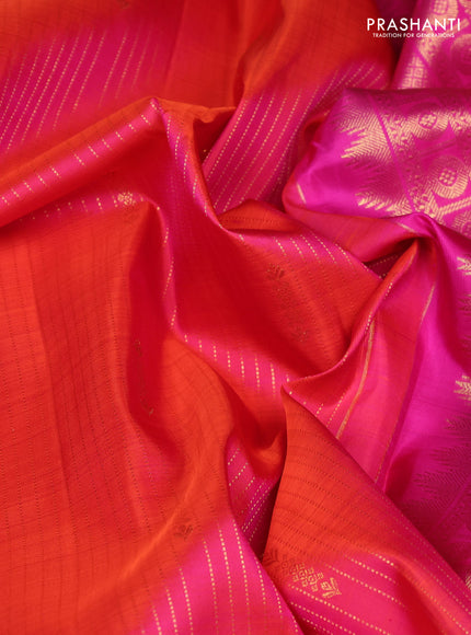 Pure kanchipuram silk saree dual shade of pinkish orange and pink with allover zari stripe pattern & buttas and long rich zari woven border