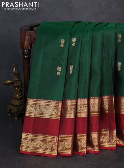 Pure kanchipuram silk saree green and maroon with zari woven buttas and long rettapet zari woven border