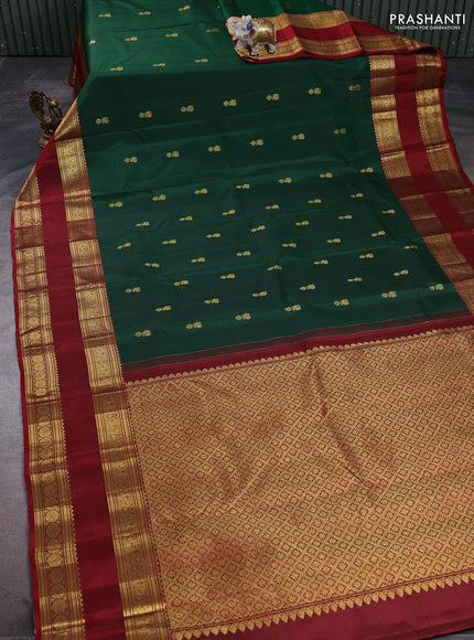Pure kanchipuram silk saree green and maroon with zari woven buttas and long rettapet zari woven border