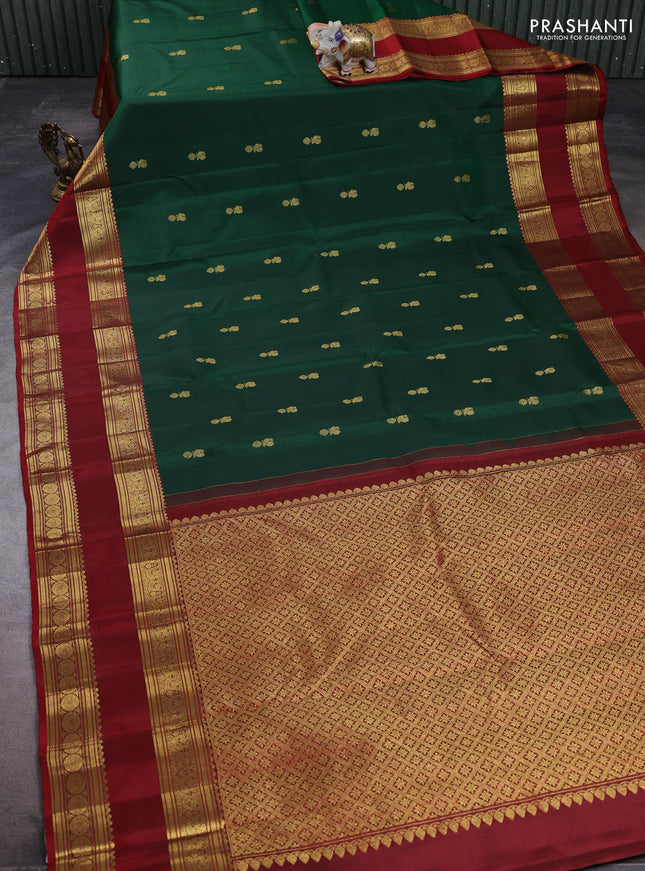 Pure kanchipuram silk saree green and maroon with zari woven buttas and long rettapet zari woven border