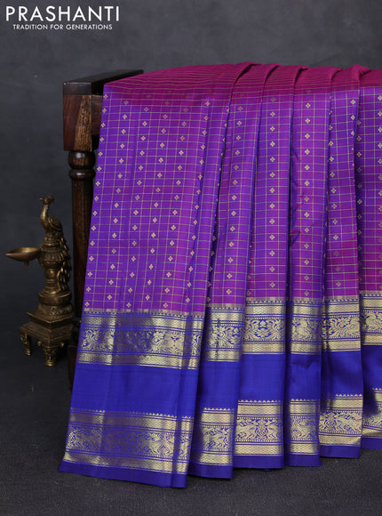 Pure kanchipuram silk saree purple and blue with allover small zari checks & buttas and long rettapet zari woven border