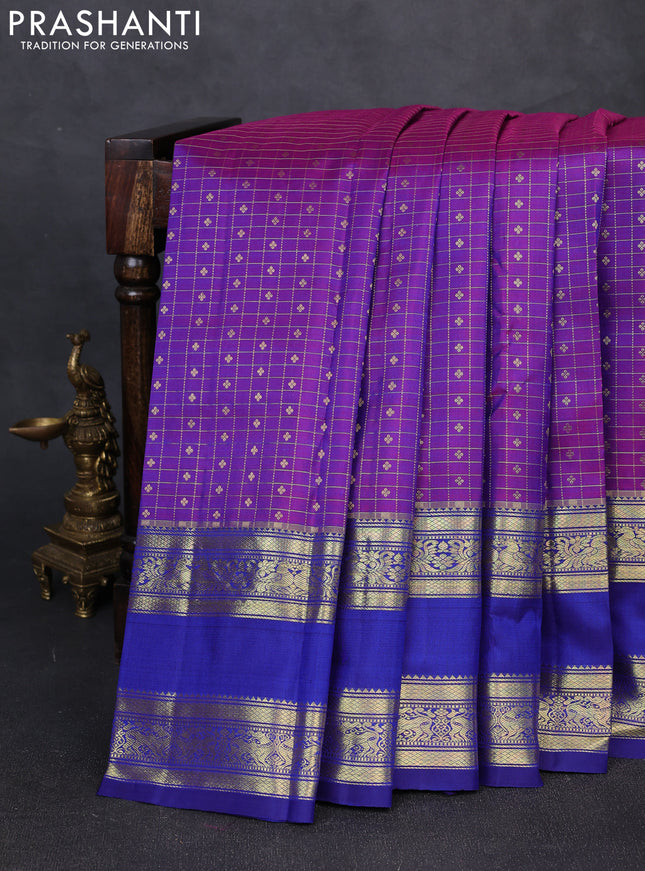 Pure kanchipuram silk saree purple and blue with allover small zari checks & buttas and long rettapet zari woven border