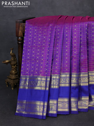 Pure kanchipuram silk saree purple and blue with allover small zari checks & buttas and long rettapet zari woven border
