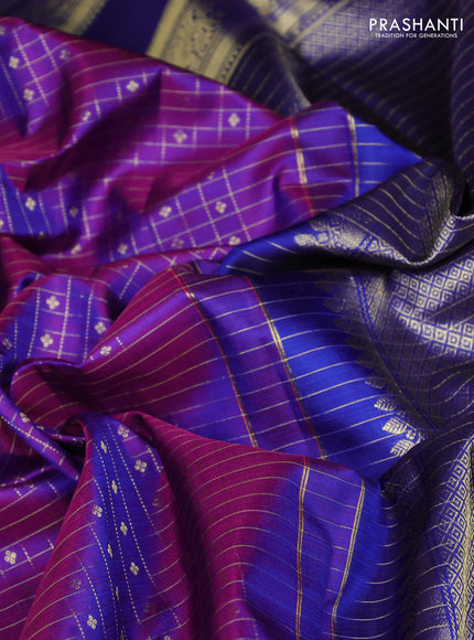 Pure kanchipuram silk saree purple and blue with allover small zari checks & buttas and long rettapet zari woven border