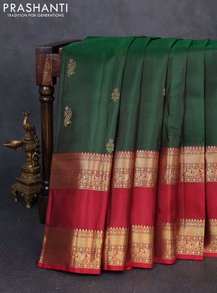 Pure kanchipuram silk saree green and maroon with zari woven buttas and long rettapet zari woven border