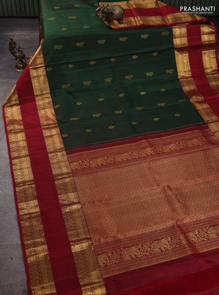 Pure kanchipuram silk saree green and maroon with zari woven buttas and long rettapet zari woven border