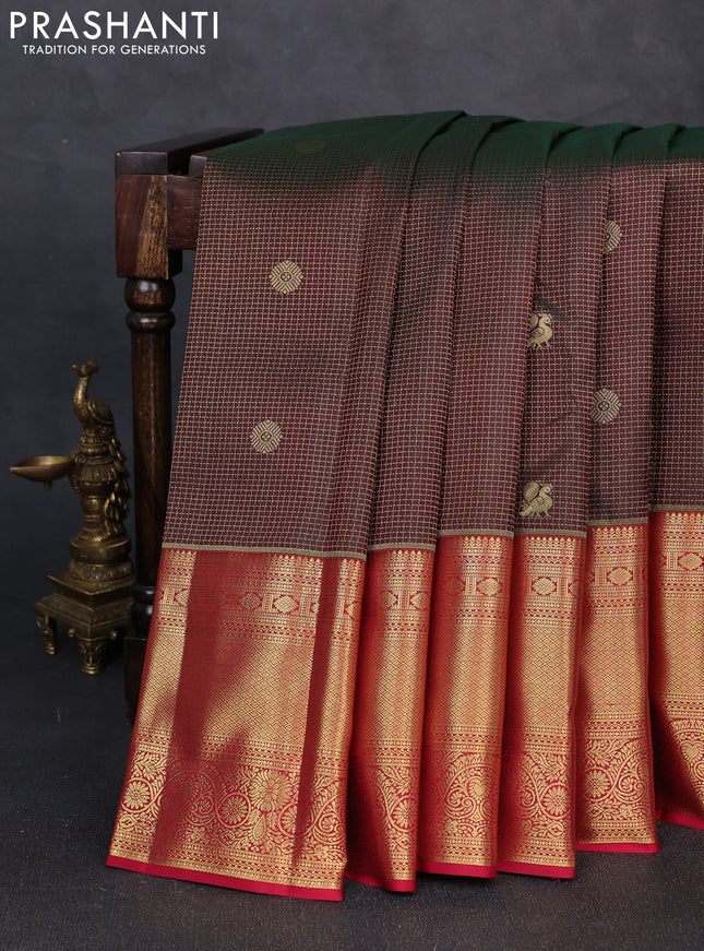Pure kanchipuram silk saree manthulir green and maroon with allover small zari checks & buttas and long zari woven border