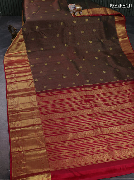 Pure kanchipuram silk saree manthulir green and maroon with allover small zari checks & buttas and long zari woven border