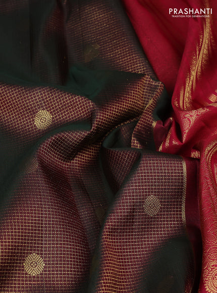 Pure kanchipuram silk saree manthulir green and maroon with allover small zari checks & buttas and long zari woven border