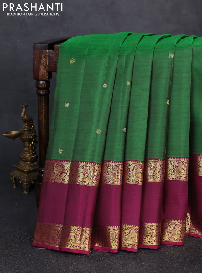 Pure kanchipuram silk saree green and magenta pink with zari woven buttas and long rettapet zari woven border