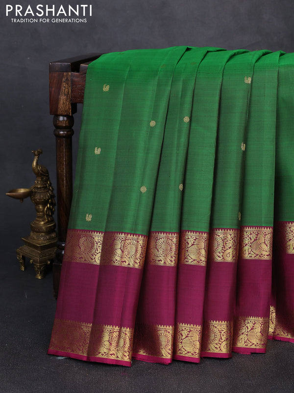 Pure kanchipuram silk saree green and magenta pink with zari woven buttas and long rettapet zari woven border