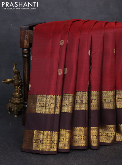Pure kanchipuram silk saree maroon and coffee brown with zari woven buttas and long rettapet zari woven border