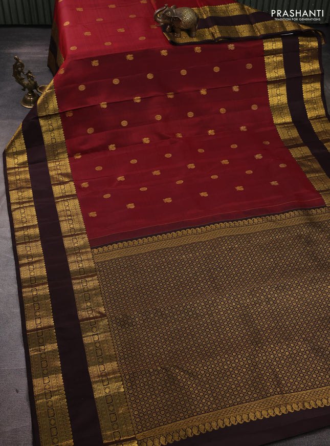 Pure kanchipuram silk saree maroon and coffee brown with zari woven buttas and long rettapet zari woven border