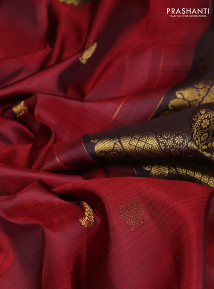 Pure kanchipuram silk saree maroon and coffee brown with zari woven buttas and long rettapet zari woven border