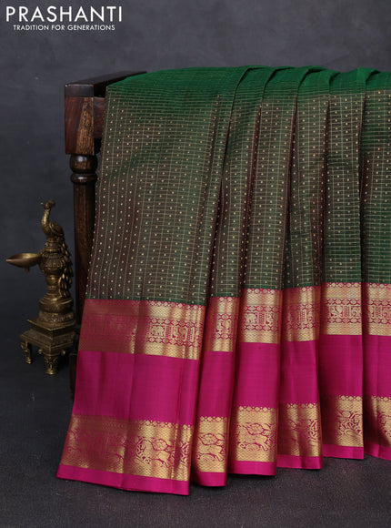 Pure kanchipuram silk saree bottle green and pink with allover small zari checks & 1000 buttas and rettapet zari woven border