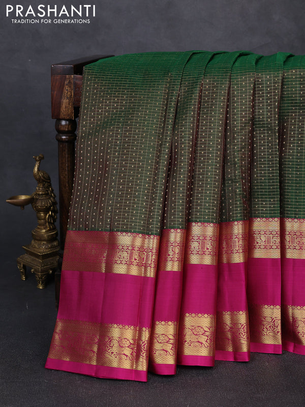 Pure kanchipuram silk saree bottle green and pink with allover small zari checks & 1000 buttas and rettapet zari woven border