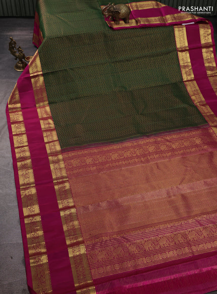 Pure kanchipuram silk saree bottle green and pink with allover small zari checks & 1000 buttas and rettapet zari woven border