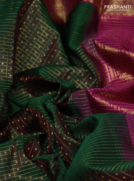 Pure kanchipuram silk saree bottle green and pink with allover small zari checks & 1000 buttas and rettapet zari woven border