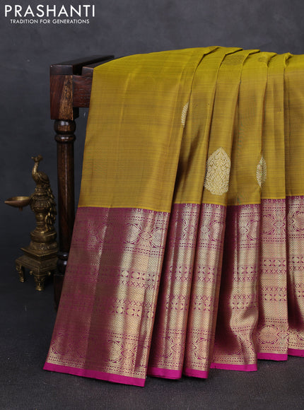 Pure kanchipuram silk saree mehendi green and pink with zari woven buttas and long zari woven border
