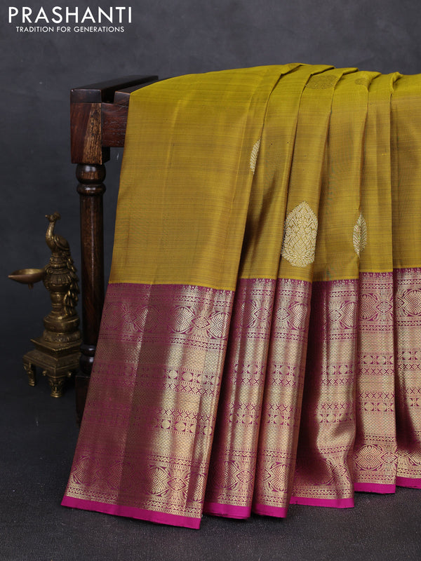 Pure kanchipuram silk saree mehendi green and pink with zari woven buttas and long zari woven border