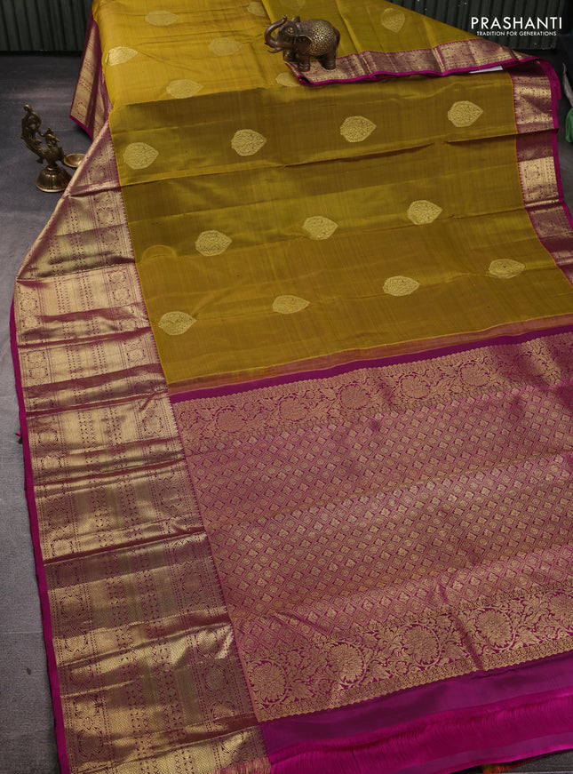 Pure kanchipuram silk saree mehendi green and pink with zari woven buttas and long zari woven border