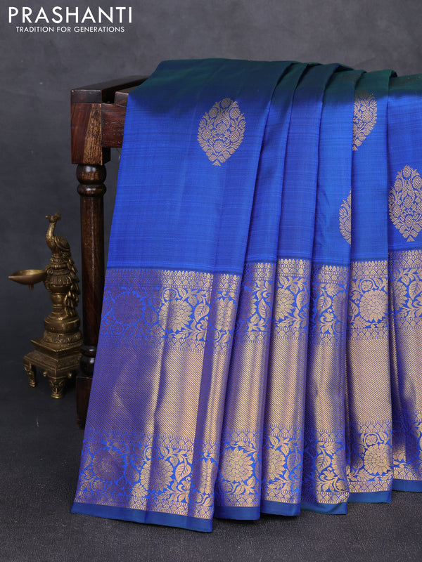 Pure kanchipuram silk saree dual shade of bluish green with zari woven buttas and long zari woven border