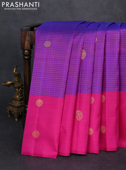 Pure kanchipuram silk saree purple and pink with allover small zari checks & buttas and long zari woven butta border