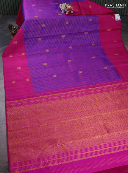 Pure kanchipuram silk saree purple and pink with allover small zari checks & buttas and long zari woven butta border