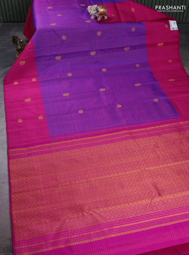 Pure kanchipuram silk saree purple and pink with allover small zari checks & buttas and long zari woven butta border