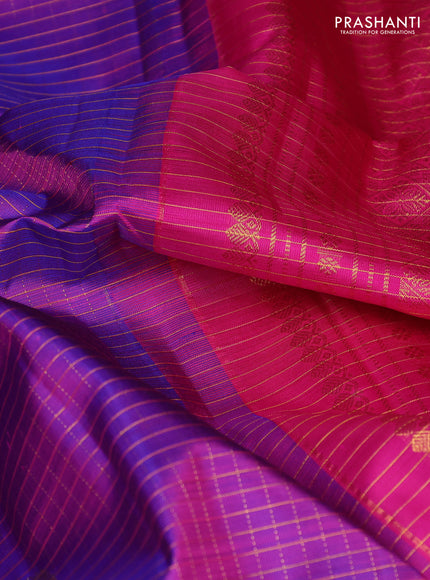 Pure kanchipuram silk saree purple and pink with allover small zari checks & buttas and long zari woven butta border