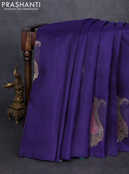 Pure kanchipuram silk saree deep violet and teal green with zari woven buttas in borderless border