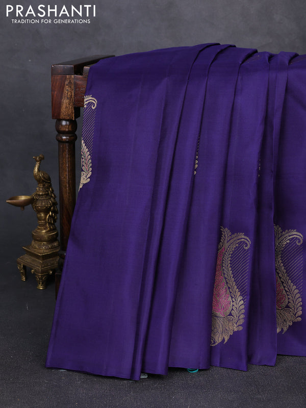 Pure kanchipuram silk saree deep violet and teal green with zari woven buttas in borderless border