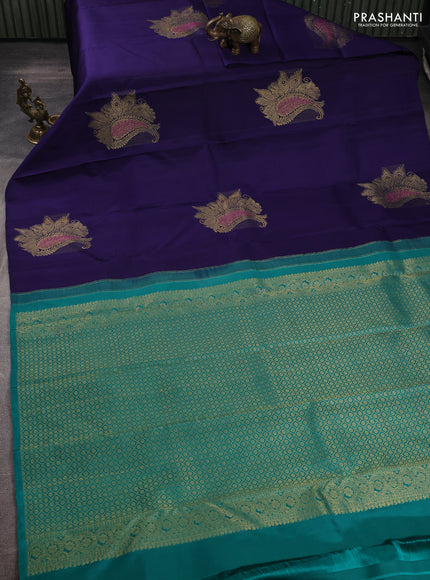 Pure kanchipuram silk saree deep violet and teal green with zari woven buttas in borderless border