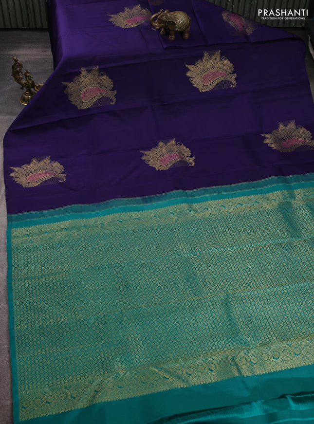 Pure kanchipuram silk saree deep violet and teal green with zari woven buttas in borderless border