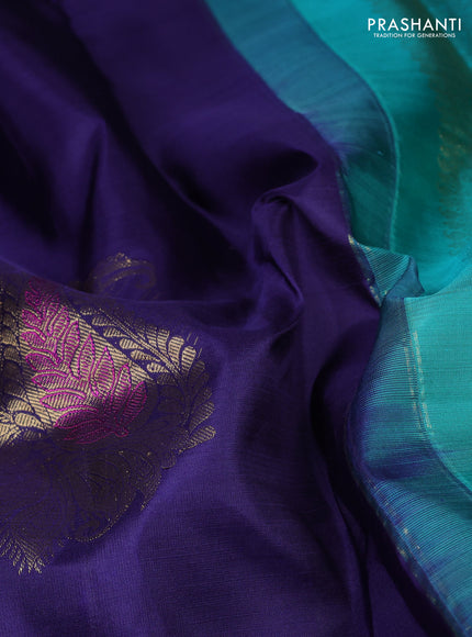 Pure kanchipuram silk saree deep violet and teal green with zari woven buttas in borderless border