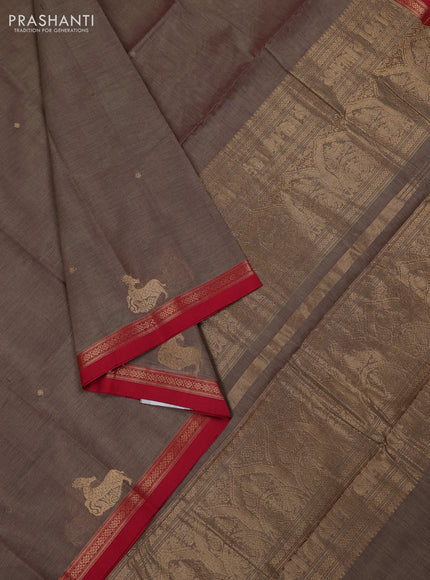 Kanchi cotton saree chikku shade and red with zari woven buttas and zari woven border