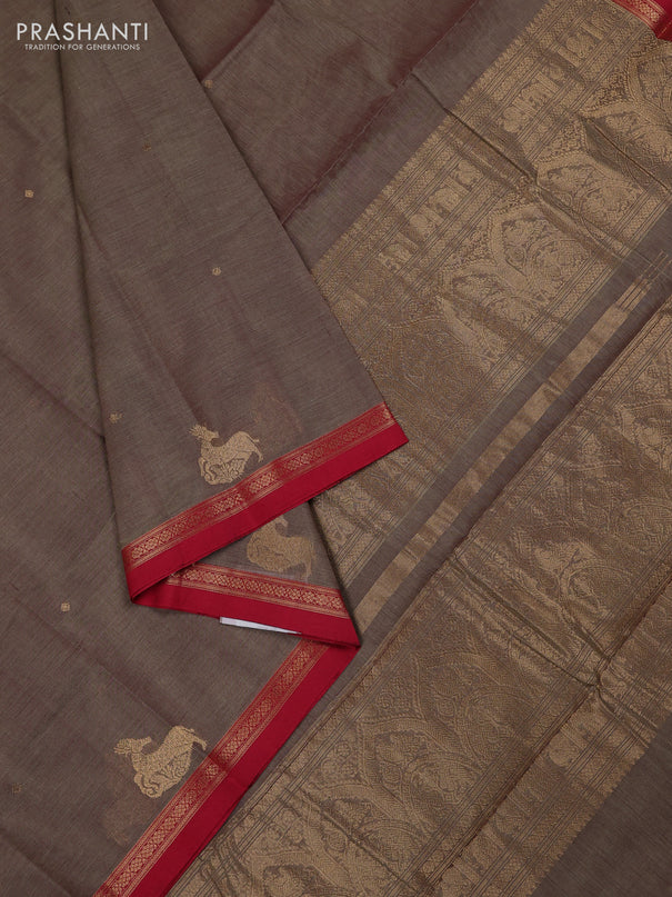 Kanchi cotton saree chikku shade and red with zari woven buttas and zari woven border